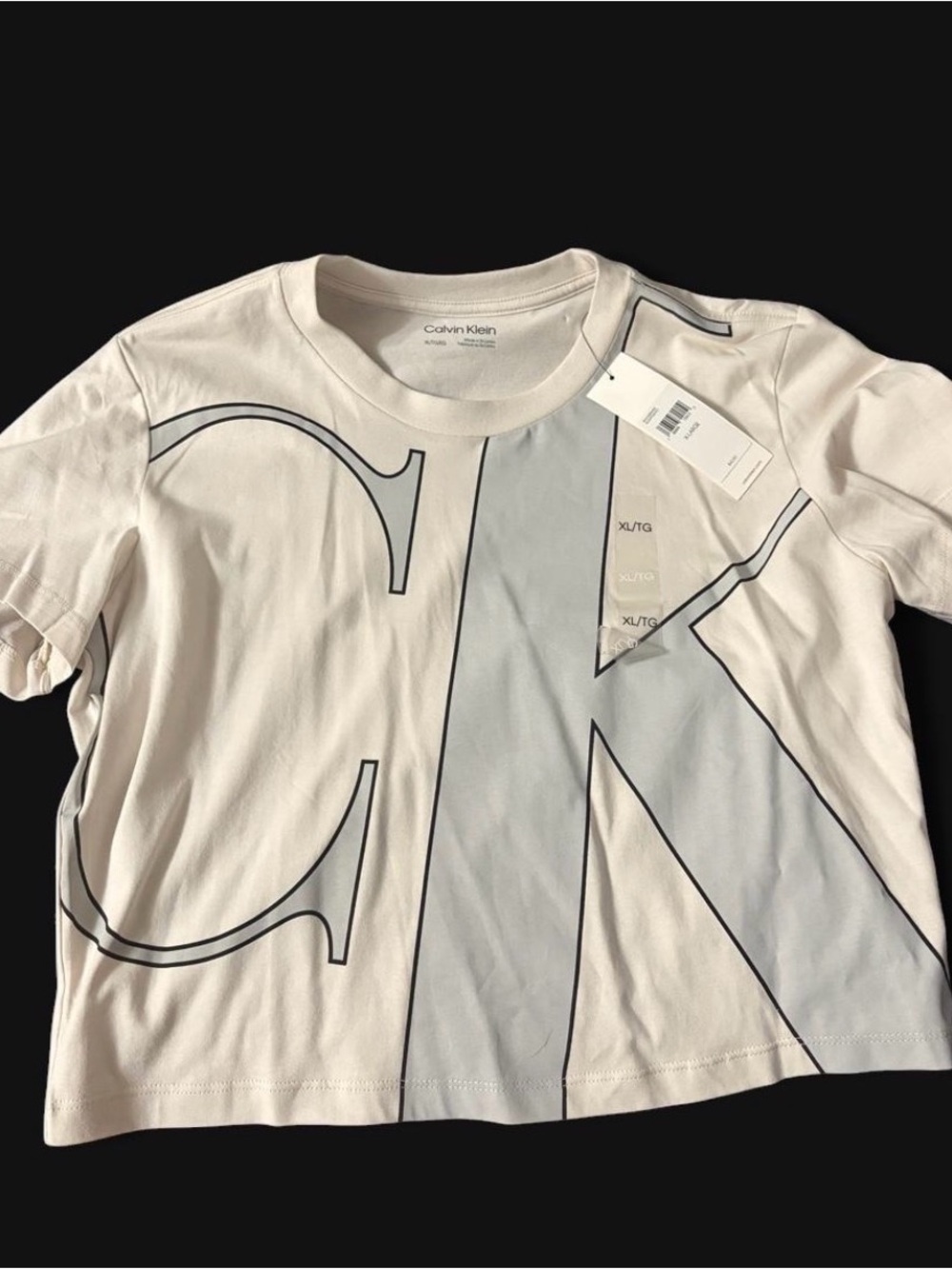 Calvin Klein Cream Short Sleeve Logo Tee with Gray Graphic